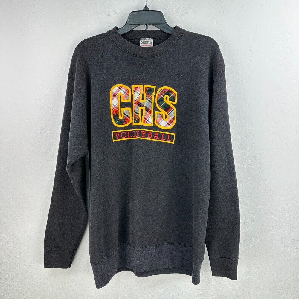 Vintage Oneita‎ Sweatshirt Mens L Black Yellow CHS Volleyball Crew Neck Plaid